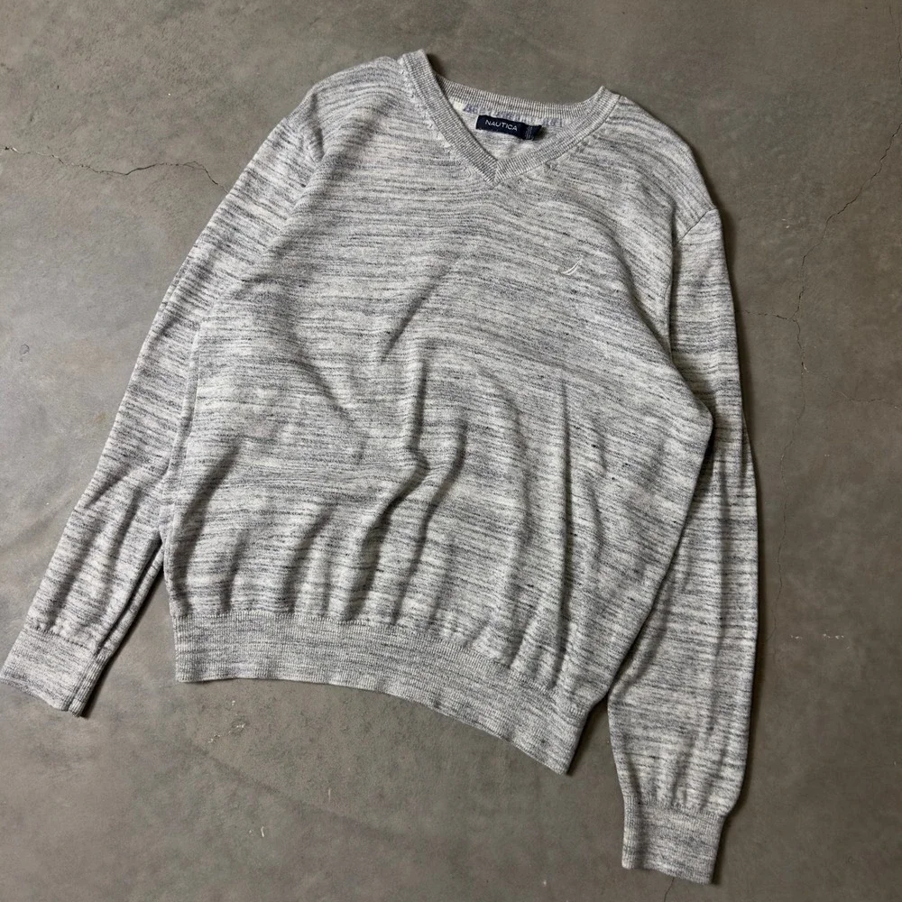Nautica V-Neck Sweater Mens Large Grey Marl Cotton Classic Preppy Quiet Luxury
